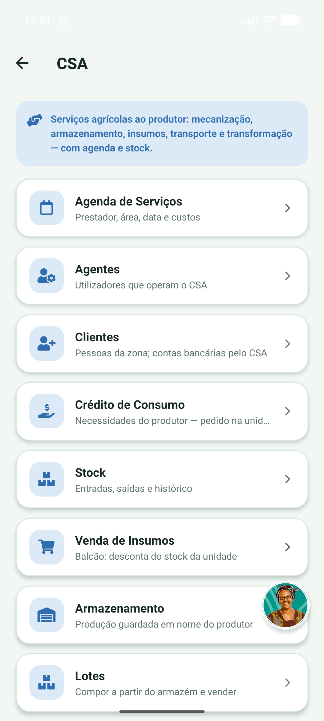 Lista de entradas do módulo CSA