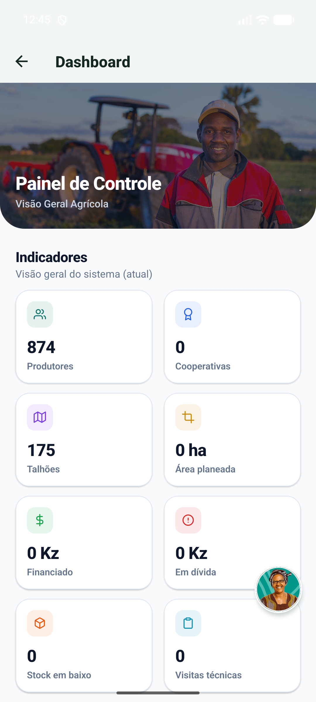 Painel de controlo, com o selector de ano e os cartões de indicadores