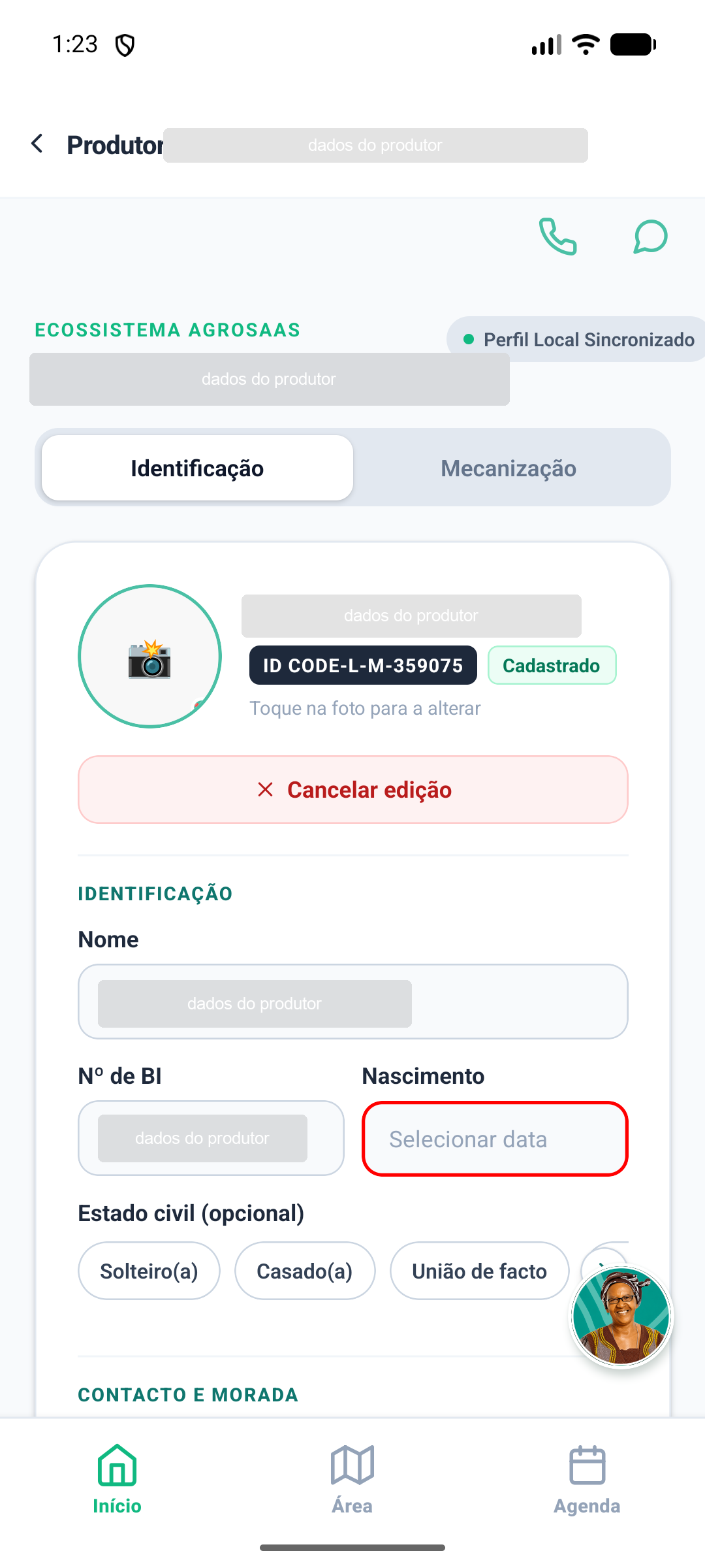 Ficha do produtor em modo de edição, com os campos abertos para escrita