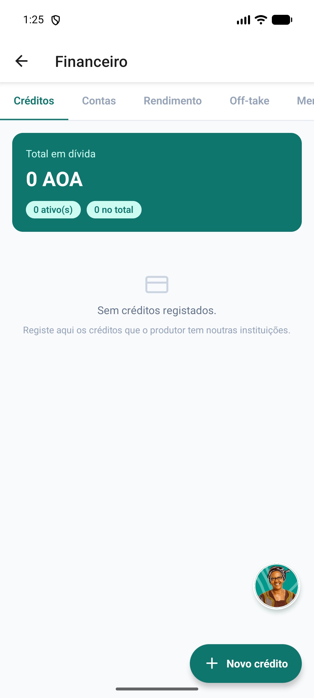 Separador Créditos, com o total em dívida e a lista de empréstimos