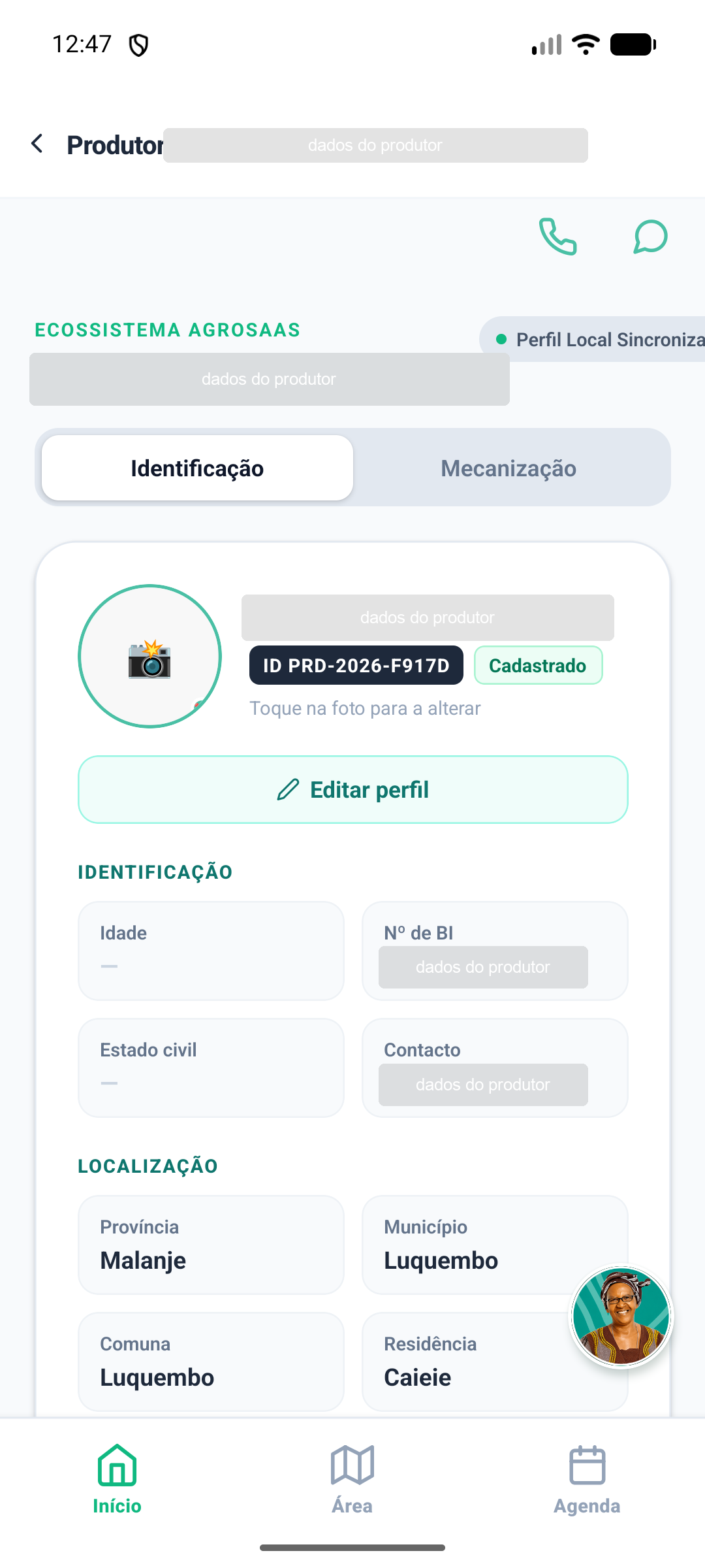Ficha do produtor, com a fotografia, o nome, o código e a situação