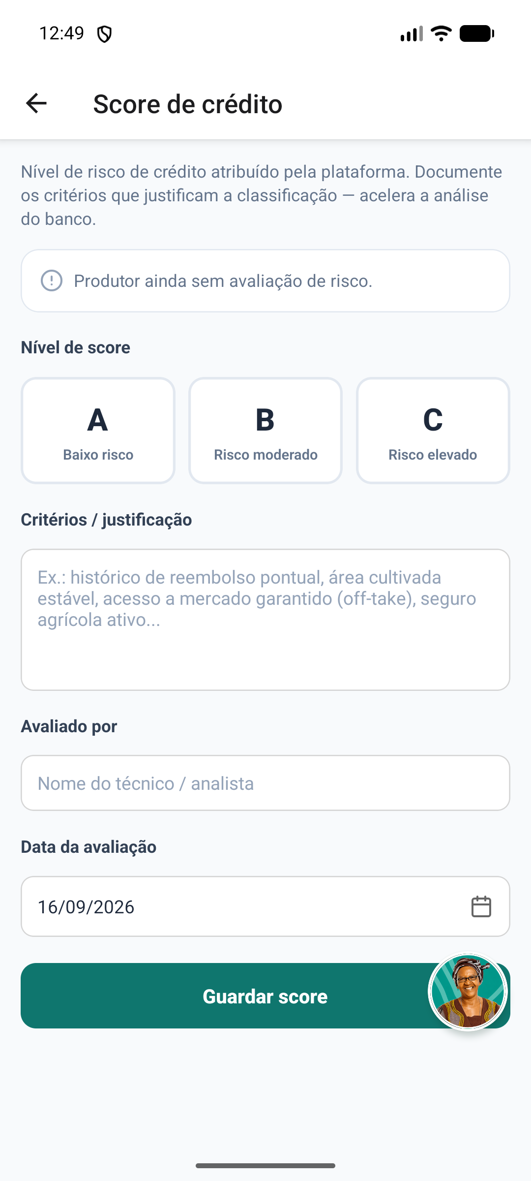 Ecrã de avaliação de risco, com as letras A, B e C