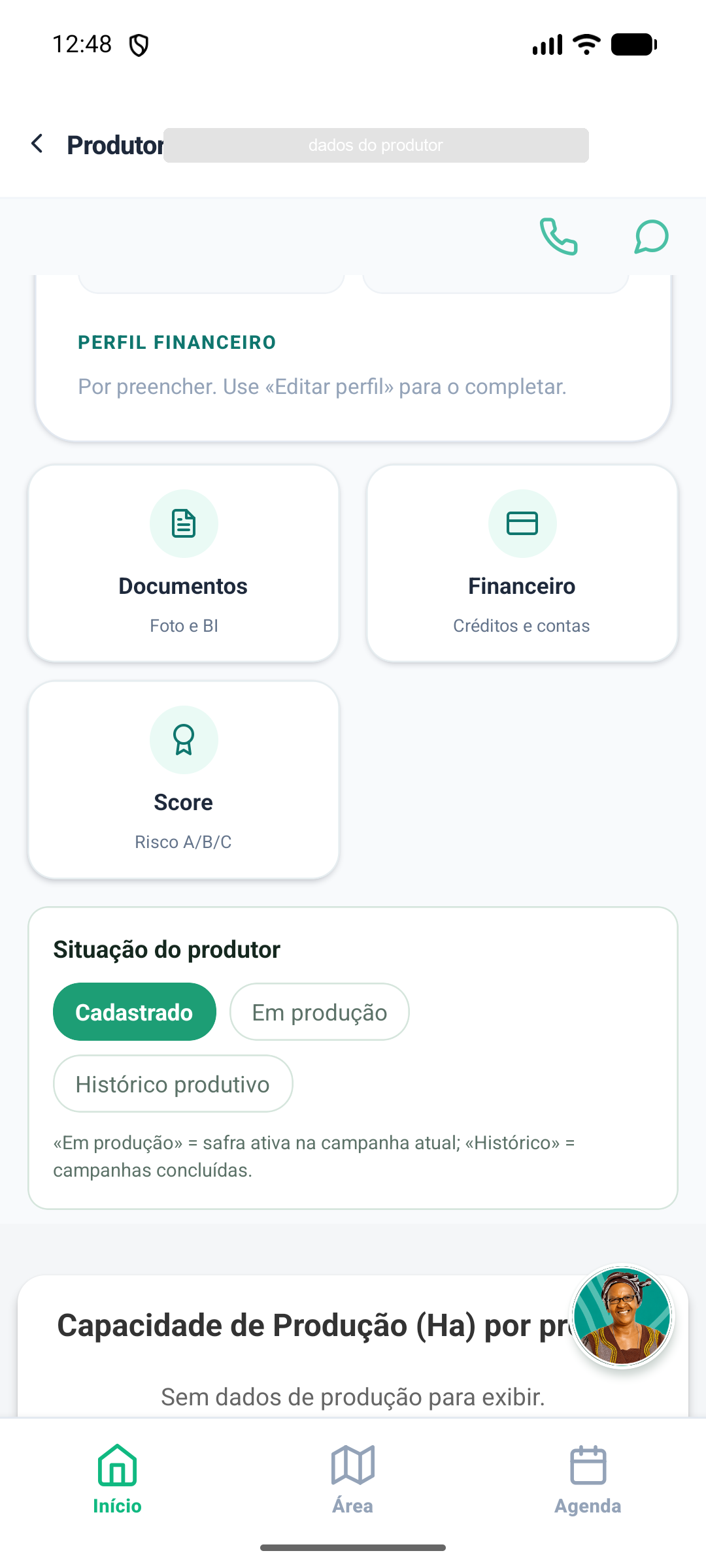 Caixa Situação do produtor com as três opções
